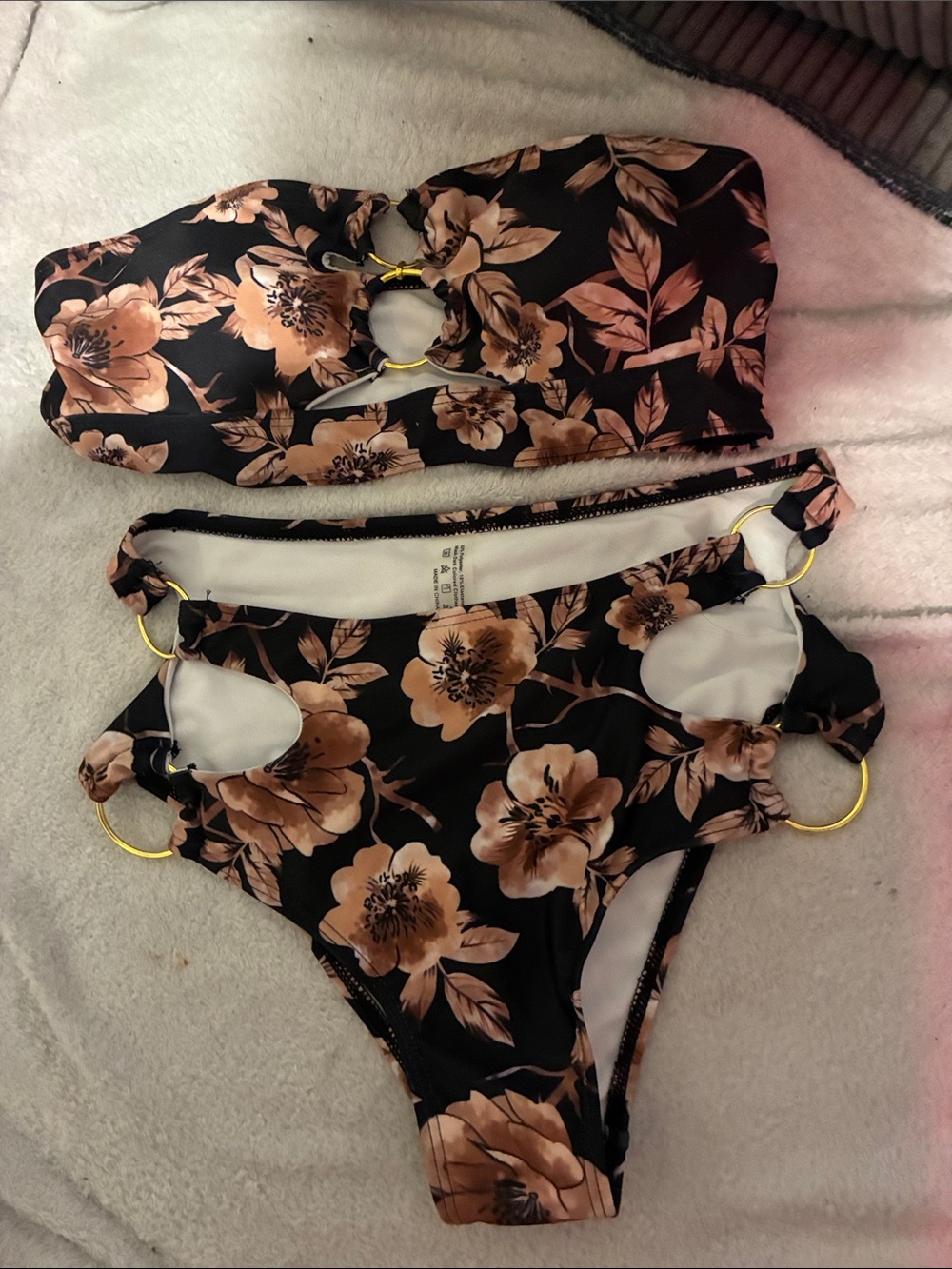 SHEIN Black Floral Bikini Set with Tan Flowers
